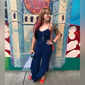 EUC BB Dakota RSVP Royal Blue Split Leg Ruffle Jumpsuit 8